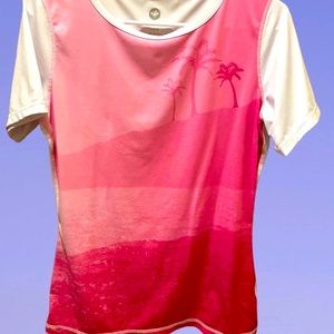 Vintage ROXY White and Pink Trendy Ombre Palm Trees Print Short Sleeve Sz Large